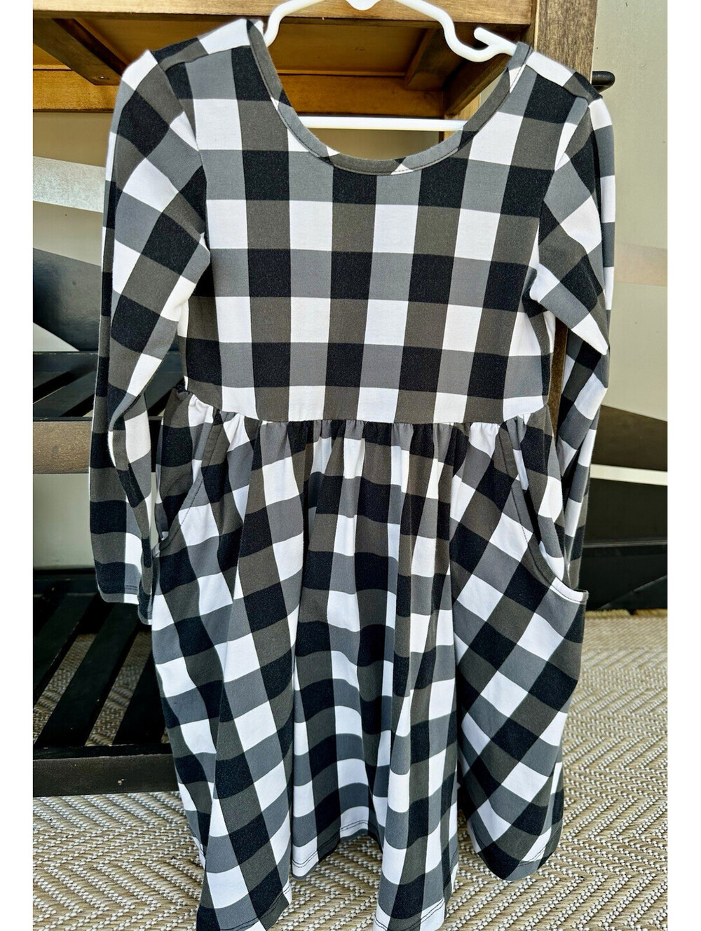 Hanna Andersson Girls Black/White Gingham Long Sleeve Fit & Flare Dress 5